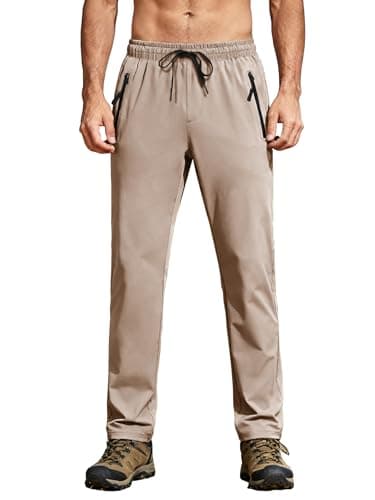 Hiking Pants Men Sweatpants with 2 Zipper Pockets Waterproof Quick Dry Lightweight UPF 50+ Cargo Elastic Waist Drawstring Casual Work Athletic Workout Khaki XXL - Image 1