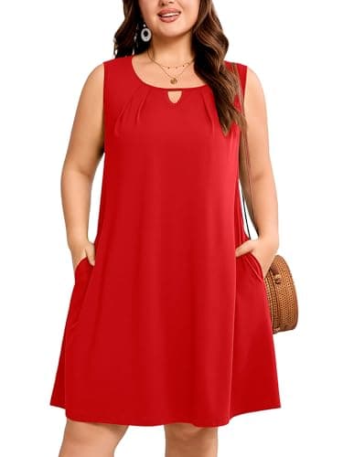 AusLook Plus Size Summer Midi Dress for Women Sleeveless Casual A Line Swing Red 4X Dress with Pockets Keyhole Neck Solid Color Vacation Beach Travel Dress - Image 1