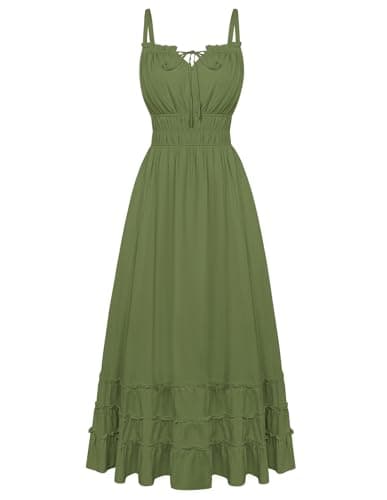 Scarlet Darkness Women's Summer Maxi Dress 2026 Boho Sleeveless Ruffle Flowy Milkmaid Sundress with Pockets Olive Green 2XL - Image 1