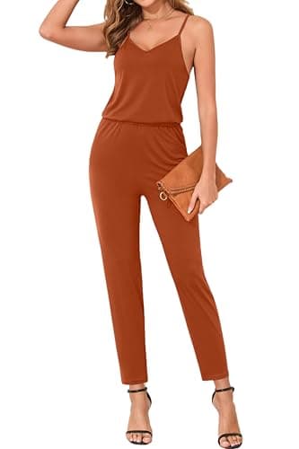 GAMISS Womens Jumpsuits Dressy High Waist Summer Rompers with Pockets Sleeveless Overalls Stretchy Jumpsuit Rust Orange S - Image 1