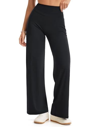 THE GYM PEOPLE Women's Booty Lifting Wide Leg Yoga Pants High Waist No Front Seam Straight Workout Leggings with Pockets Black - Image 1