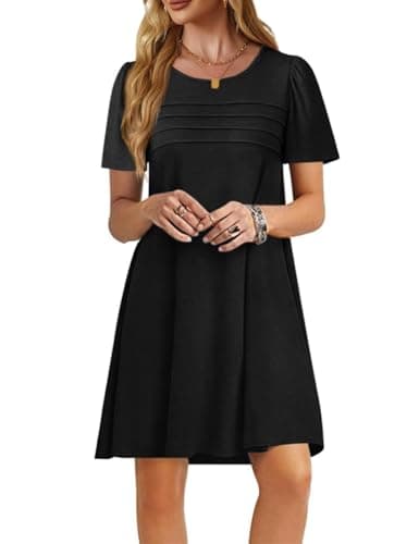 Imily Bela Womens Summer Casual T Shirt Dress Short Sleeve Crewneck Pleated Front Loose Beach Flowy Mini Dresses Black - Image 1