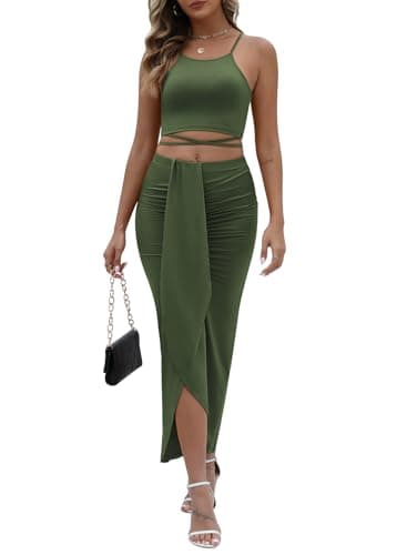 HUUSA Women's Summer Club Slit Maxi Skirt Set Fashion Dresses Outfit Sleeveless Crewneck High Waist 2 Piece Long Dress Set with Slit Olive XL - Image 1