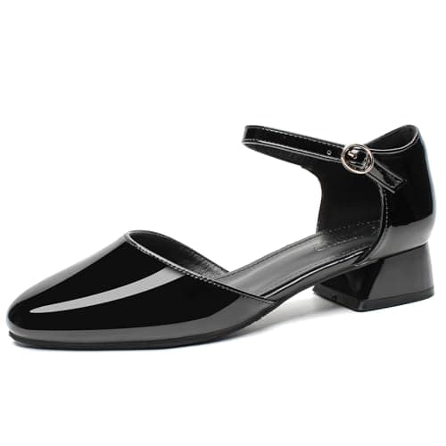 SLAKEUP Women's Chunky Block Heel Pumps Comfortable Leather Round Toe Ankle Strap Pumps Dress Office Party Dress Shoes Black Size 5 - Image 1