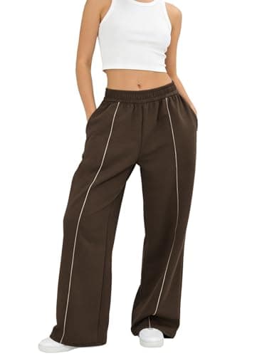 Bgylu Women’s Baggy Wide Leg Sweatpants Y2K Contrast Seam Elastic Waist Lounge Pants with Pockets Coffee - Image 1