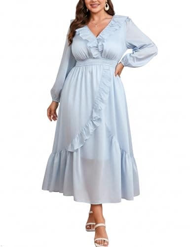 EYWOL Plus Size Dresses for Wedding Guest - Spring Cocktail Dresses for Women - Flattering Dress to Hide Tummy - Empire Waist Dress for Women Light Blue - Image 1