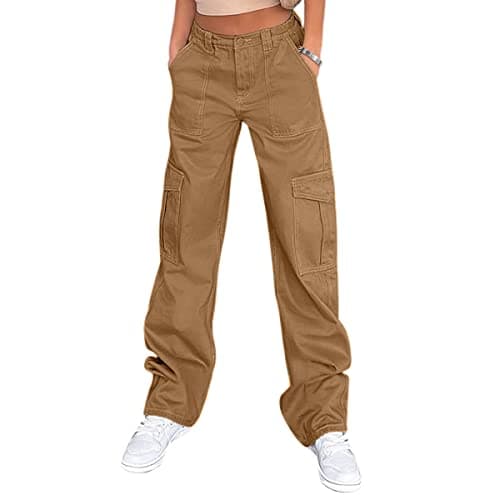Women's Casual Mid Waist Cargo Pans Stretch Wide Leg Pants with Pockets Brown - Image 1
