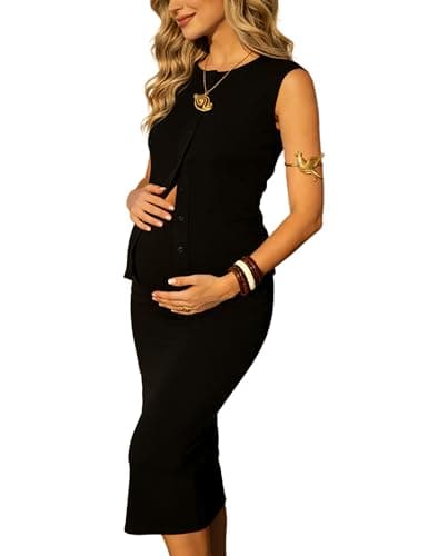 Joyfunear Women's Summer Maternity Pajamas Two Piece Lounge Set Tank Top And Slit Maxi Long Skirt Outfit With Buttons Black X-Large - Image 1