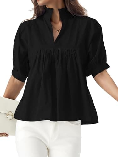 YIGAMA Womens Cotton Puff Sleeve Blouse V-Neck Pleated Peplum Babydoll Dressy Casual Shirts Black - Image 1