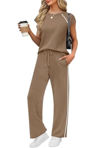 PRETTYGARDEN Two Piece Sets for Women 2026 Summer Vacation Outfits Cap Sleeve Tops Lounge Pants Matching Set Fashion Clothing (Khaki,X-Large) - Image 1