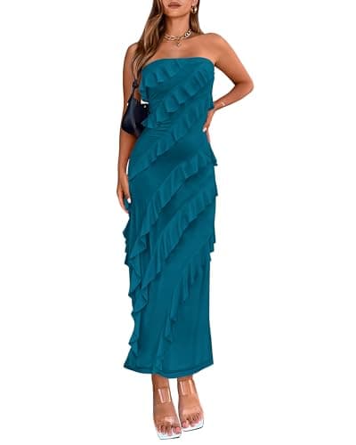BTFBM Women Summer Elegant Strapless Midi Ruched Bodycon Dress Solid Color Stretch Mesh Slim Party Cocktail Dresses - Image 1