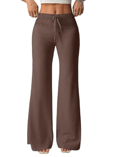 EVALESS Womens Wide Leg Pants Lace Gaucho Flare Pants Elastic High Waisted Palazzo Pants Cute Bell Bottoms Boho Holiday Trousers 2026 Fashion Spring Summer Concert Y2K Pants Coffee Large - Image 1