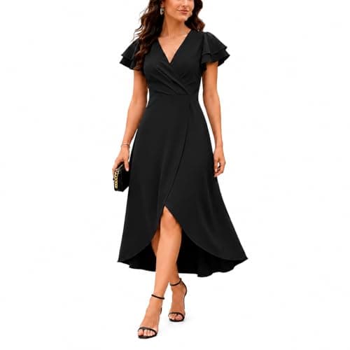 BTBII Women's Black Formal Dresses V Neck Midi Dress Church Dresses for Wedding Cocktail Party Birthday Summer