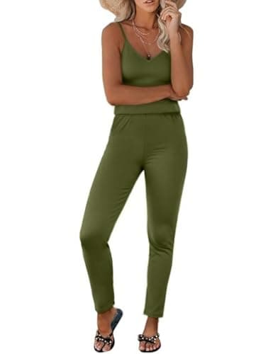 GAMISS Womens Rompers for Beach Vacation V Neck Casual Jumpsuit Casual Summer Outfits One Piece Loungewear Olive Green L - Image 1