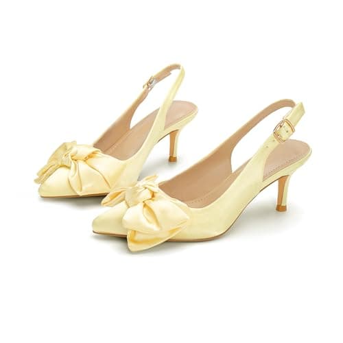 RUSAUISE Yellow Kitten Heels Women Closed Pointed Toe Bow Pump Shoes Slingback Dressy Comfortable Low 2 Inch Heel Size 5.5