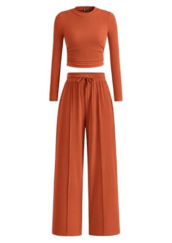 PRETTYGARDEN Women's 2 Piece Sets 2026 Fall Long Sleeve Crop Tops Wide Leg Pants Matching Outfit Tracksuits Spring Clothes (Brick Red,Small) - Image 1