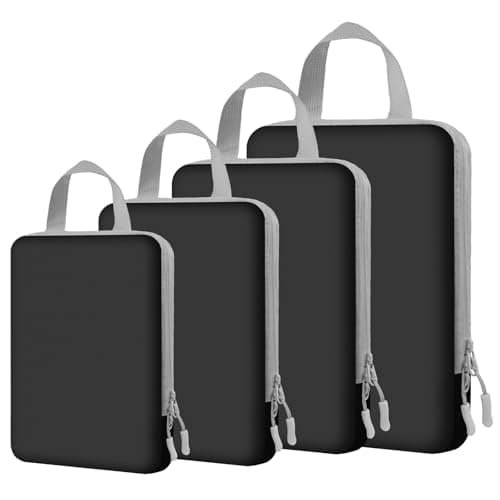 NBERMOTION 4 Set Expandable Compression Packing Cubes for 3â7 Day Travel, Solid & Plaid Fabric Travel Organizers, Double-Zipper Storage Bags for Carry-On & Suitcases(4set-Black)