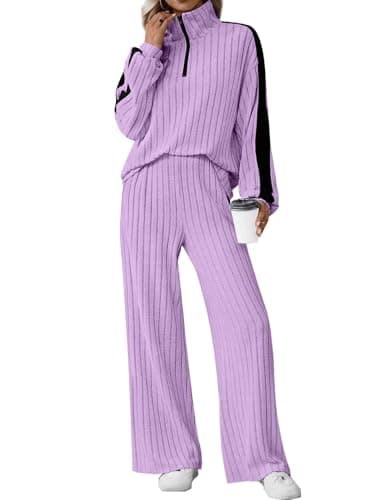 JUSTFASHIONNOW Womens Sweatsuits 2 Piece Set Two Piece Travel Outfits Half Zip Sweatsuits Long Sleeve Sweatshirt Wide Leg Pants Soft Lounge Sets Winter Tracksuit (Purple, Large) - Image 1