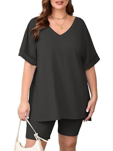 AusLook Women's Plus size 2 Piece Short Outfits Set Short Sleeve Tops and Shorts Pants Dark Gray 4X Casual Comfy Soft Ladies Short Sleepwear Lounge Pajama Matching Set - Image 1