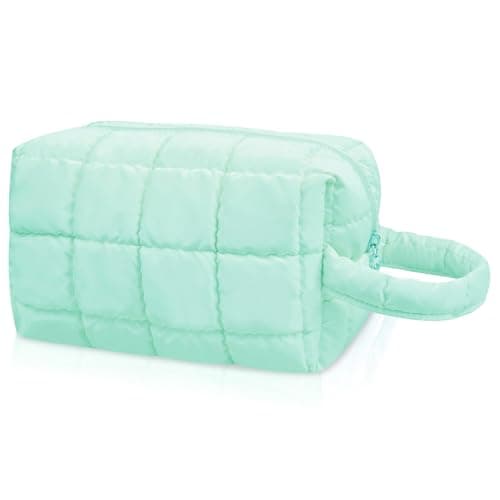 Gosect Quilted Cute Makeup Bag, Checkered Cosmetic Bags with Divider, Waterproof Travel Toiletry Bag, Puffy Make up Pouch for Women Travel Essentials (Handle, Lake Blue, Medium) - Image 1