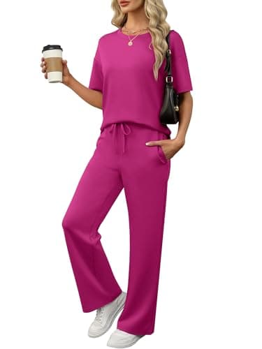 ANRABESS Lounge Sets for Women 2 Piece Summer Casual Travel Outfits 2026 Short Sleeve Wide Leg Pants Matching Set Sweatsuits
