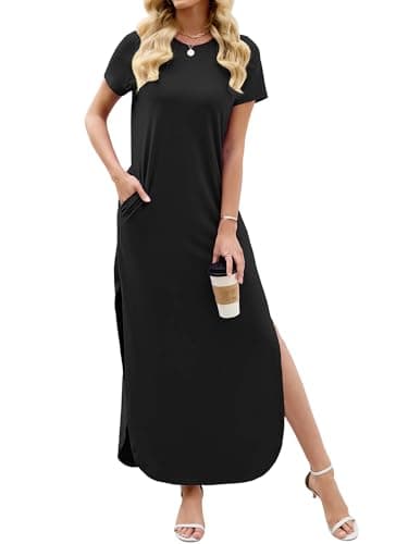 Heymoments Womens Summer Maxi Dress Black Medium Short Sleeve Casual Loose Fitted Long T Shirt Ladies Flowy Dresses Split Cute Vacation Party Beach Travel Elegant Sundress with Pockets - Image 1