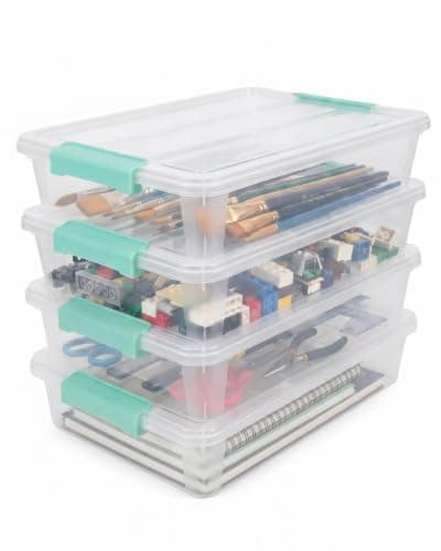 EOENVIVS Clear Storage Boxes with Lids 4 Pack Plastic Sensory Boxes with Secure Latches, Stackable Clear Storage Bins with Lids for Sewing Scrapbook Paper Craft Supplies Household Organizer