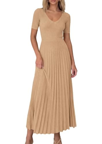 PRETTYGARDEN Women's 2026 Spring Midi Sweater Dresses Elegant Pleated Ribbed Knit Short Sleeve V Neck A Line Summer Outfits (Khaki,XX-Large) - Image 1