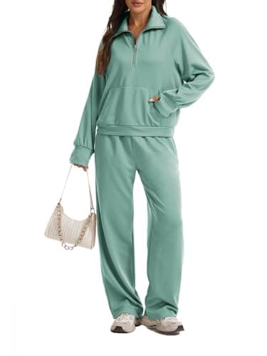 Anyshe Women's 2 Piece Sweatsuit Set Lounge Set Half Zip Sweatshirt with Kangaroo Pocket Thumb Holes Wide Leg Drawstring Pants Casual Tracksuit for Travel Daily Wear, Mint Green, Small - Image 1
