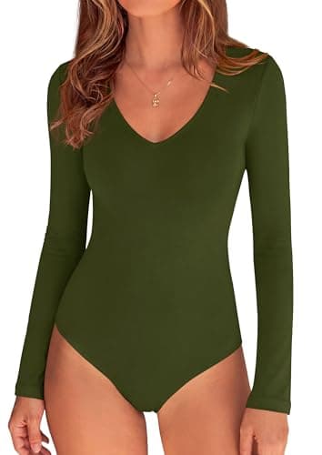 PRETTYGARDEN Bodysuits for Women 2026 Fall Long Sleeve Shirts V Neck Slim Fitted Basic Tees Going Out Tops Fashion Clothing (Army Green,Large) - Image 1