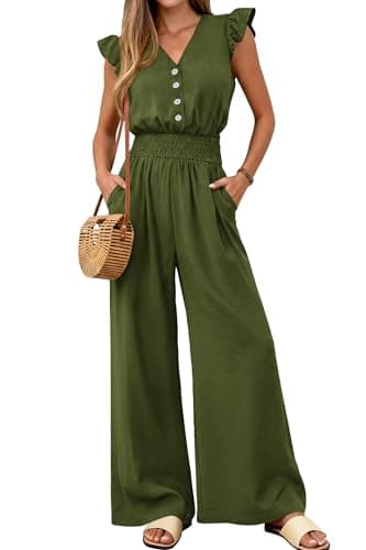 dowerme Women's Jumpsuits Dressy Casual 2026 Summer Ruffle Cap Sleeve V Neck Button Smocked Rompers Wide Leg Overalls(Army Green,Large) - Image 1