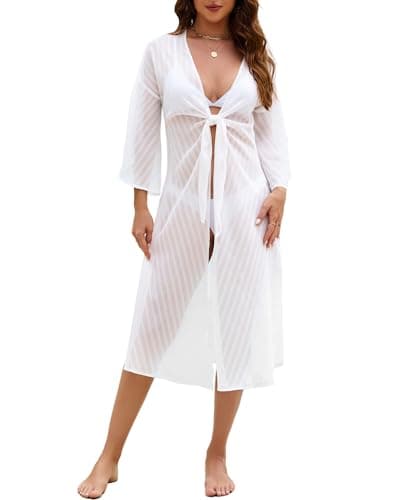 Bsubseach Long Kimonos for Women Sheer Tie Front Relaxed Flared Sleeve Kimono Cardigans Swimsuit Coverup Vacation Outfits White M - Image 1