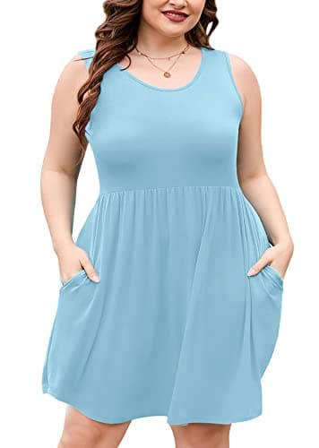 AusLook Plus Size Summer Tank Dress for Women Light Blue 4X Casual Sleeveless Crewneck Flowy Pleated Sun Maternity Tunic Dresses Babydoll Tshirt Swing Vacation Sundresses with Pockets - Image 1