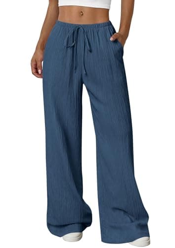 PRETTYGARDEN Womens Palazzo Pants Summer Fashion 2026 High Waisted Wide Leg Drawstring Flowy Beach Trousers with Pockets (Dark Blue,Large) - Image 1