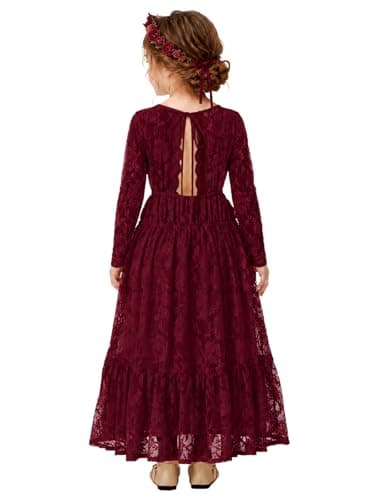 ALLOVIN Toddler & Girls Long Sleeve Lace Flower Girl Dress Maxi Boho A-Line Dress for Wedding Baptism 1st Communion | Burgundy | 10-11Y - Image 1