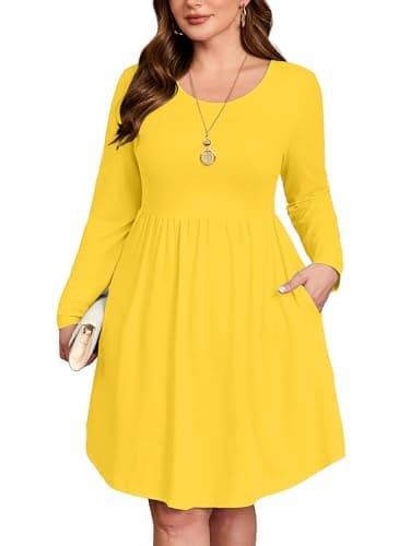 AusLook Women's Plus Size Long Sleeve Midi Dress Crewneck Casual Empire Waist Loose Flowy Dresses A-Line Boho Party 2025 Fall Winter Long Yellow 5X Dress Vacation Outfit with Pockets - Image 1