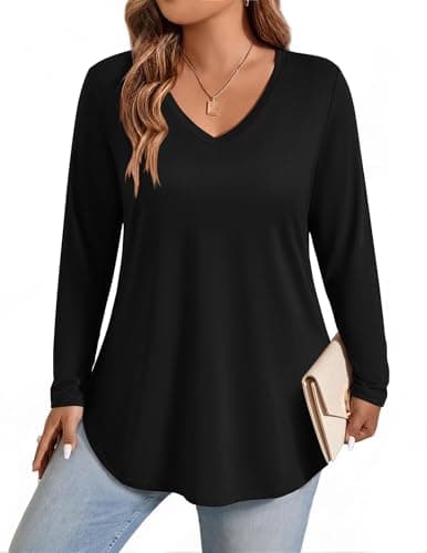 IN'VOLAND Plus Size Long Sleeve Shirts for Women Fall V Neck Tops T-Shirt - Image 1
