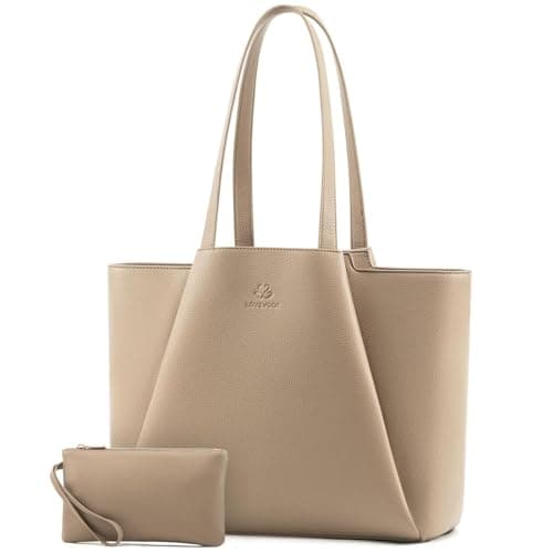 LOVEVOOK Laptop Tote for Women - 15.6 Inch Faux Leather Laptop Bag with Clutch, Large Capacity Office Purse Computer Briefcase for Casual Business Travel,Sandy - Image 1