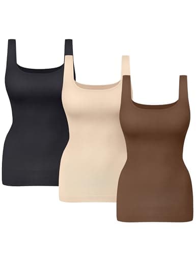 KIKIMINK Womens Tummy Control Shapewear Tank Top - Seamless Square Neck Wide Strap Compression Tanks for Women - Slimming Sleeveless Body Shaper Undershirt Fitted Camisole - Black Skin Brown Medium - Image 1