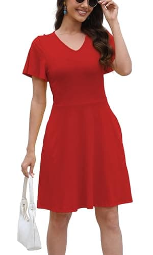 COSSEN Women's Summer Casual T Shirt Dress Red Small with Pockets - Short Sleeve V Neck Flowy Loose A-Line Sundress Vacation - Image 1