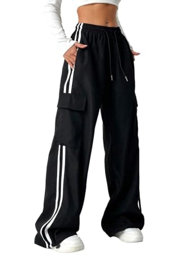 ZAFUL Womens Parachute Pants Y2K Wide Leg Cargo Sweatpants Drawstring Waist Jogger Pants with Pockets 2-Black XL - Image 1