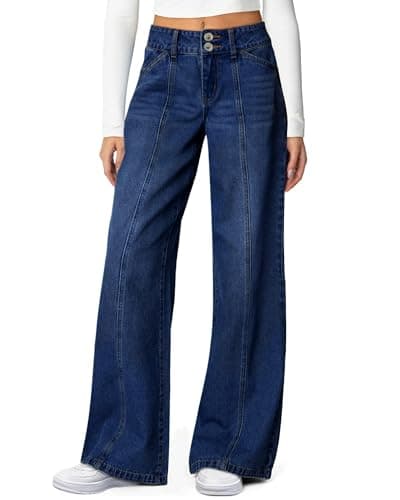 Flvsun Women's Wide Leg Jeans High Waisted Stretchy Straight Leg Jeans Trendy Seamed Front Loose Fit Denim Pants Dark Blue XS - Image 1