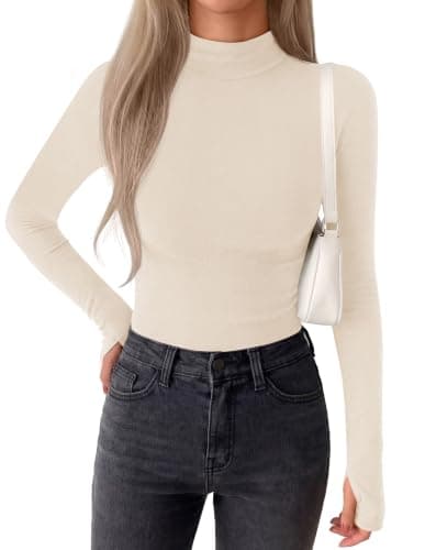 BTFBM Turtleneck Tops for Women Thumbhole Long Sleeve Shirts Beige - Image 1