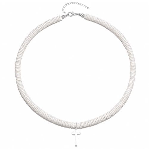 White Puka Shell Necklace for Women, Beach Choker with Cross Pendant - Image 1