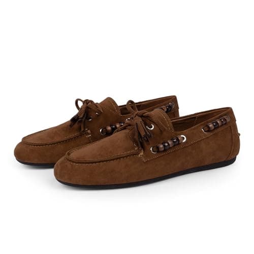QIY Brown Suede Flats Loafers for Women Fringe Beaded Moccasins Dressy Lace up Driving Loafers Comfortable Lightweight Office Casual Wear Flats Size 10 - Image 1