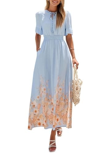 PRETTYGARDEN Women's Boho Floral Maxi Dress Summer 2026 Short Sleeve Tie V Neck Spring Wedding Guest Flowy Beach Sun Dresses (Light Blue,Small) - Image 1