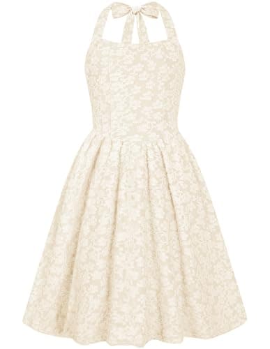 Girls Summer Dress Tween Casual Apricot Floral Halter Tie Back Short Sundresses Kids Wedding Guest Tea Party Beach Dresses Size 9-10 - Image 1