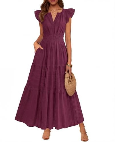BTFBM Womens Summer Maxi Dress 2026 Spring Boho Vacation Ruffle Flutter Short Sleeve A Line Tiered Flowy Dresses Pockets(Burgundy, Small) - Image 1