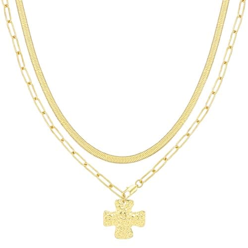 Emibele Chunky Gold Cross Necklace for Women, 14K Gold Plated Double-layer Cross Pendant Charm Necklace Herringbone Snake Choker, Christian Gifts for Women, Communion, Birthday and Christmas - Image 1