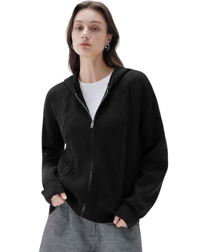 SUUKSESS Women Chunky Knit Cashmere Blend Sweaters Zip up Oversized Hoodies Cardigan with Pockets Long Sleeve Fall Jackets Outerwear (Black, S) - Image 1